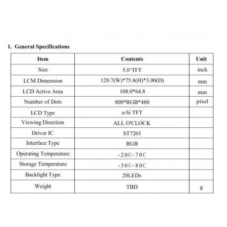 السیدی 5.0 اینچ بدون تاچ 800x480- TFT LCD5.0 inch - GN050BISI40B010-  RGB    - روشنایی بالا گرید +A