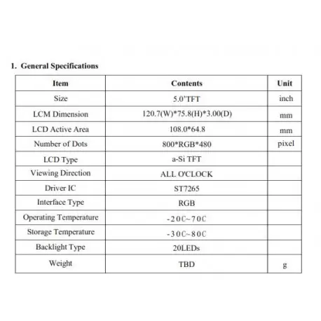 السیدی 5.0 اینچ بدون تاچ 800x480- TFT LCD5.0 inch - GN050BISI40B010-  RGB    - روشنایی بالا گرید +A