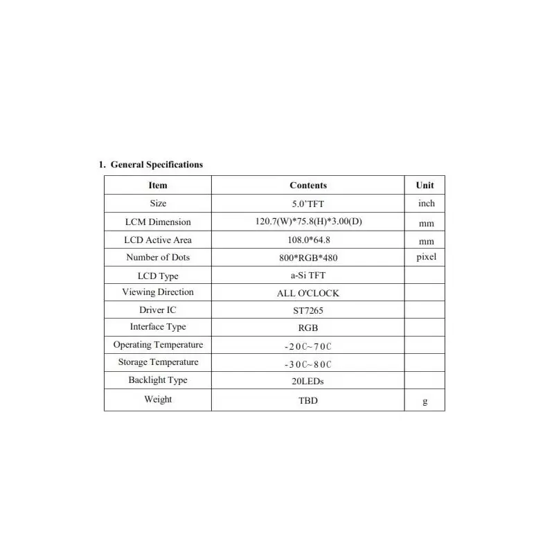 السیدی 5.0 اینچ بدون تاچ 800x480- TFT LCD5.0 inch - GN050BISI40B010-  RGB    - روشنایی بالا گرید +A